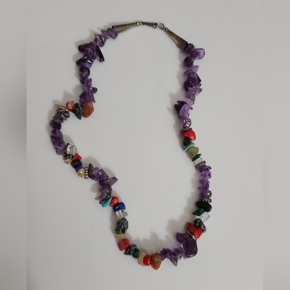 Navajo native American multi gemstone necklace coral amethyst turquoise onyx